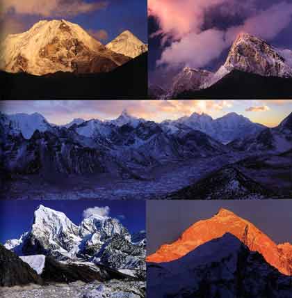 
Top left: Island Peak from Dingboche. Top right: Pumori from Gorak Shep. Middle: Khumbu Glacier from Kala Pattar. Lower left: Cholatse and Taweche from Gokyo Ri. Lower Right: Makalu from Dingboche. - Nepal Kathmandu Valley, Chitwan, Annapurna, Mustang, Everest Lonely Planet Pictorial book
